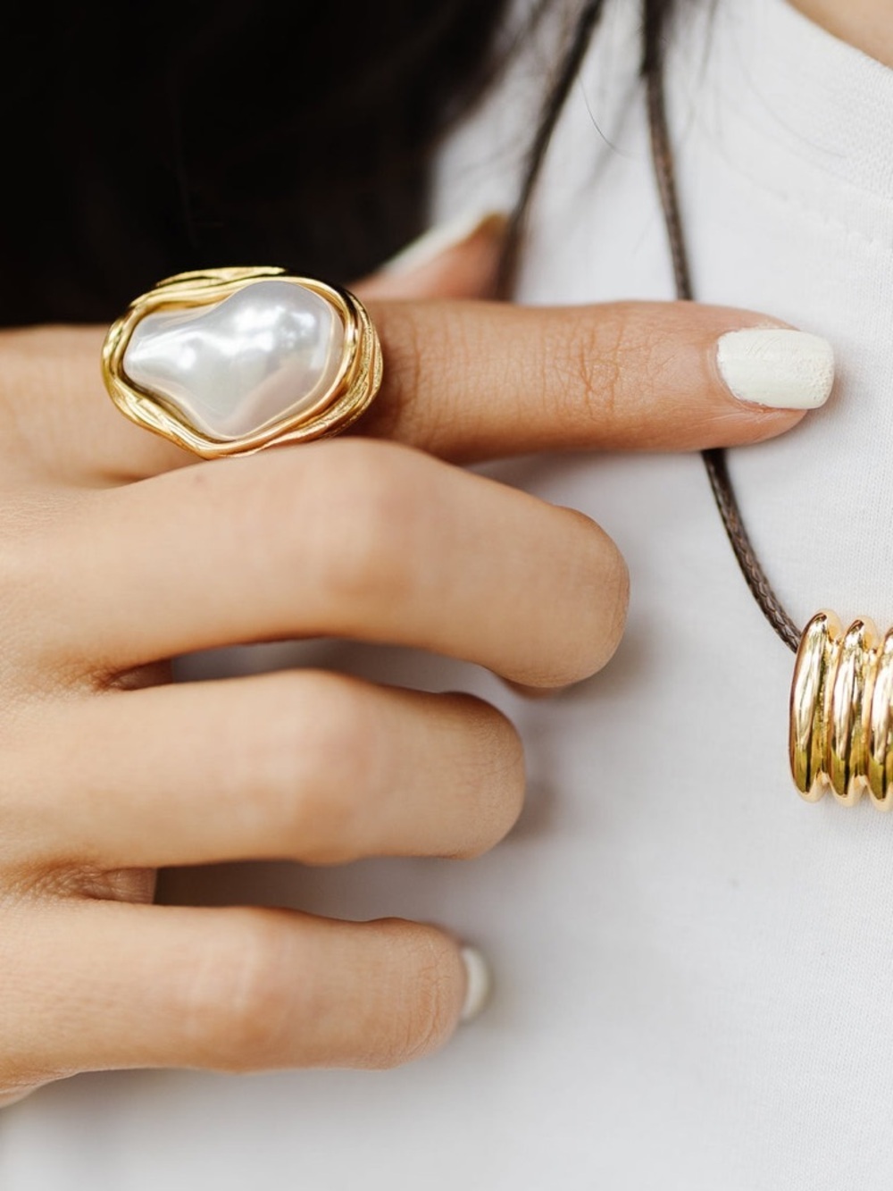 Gold Pink Faux Pearl Statement Ring - Women Jewelry